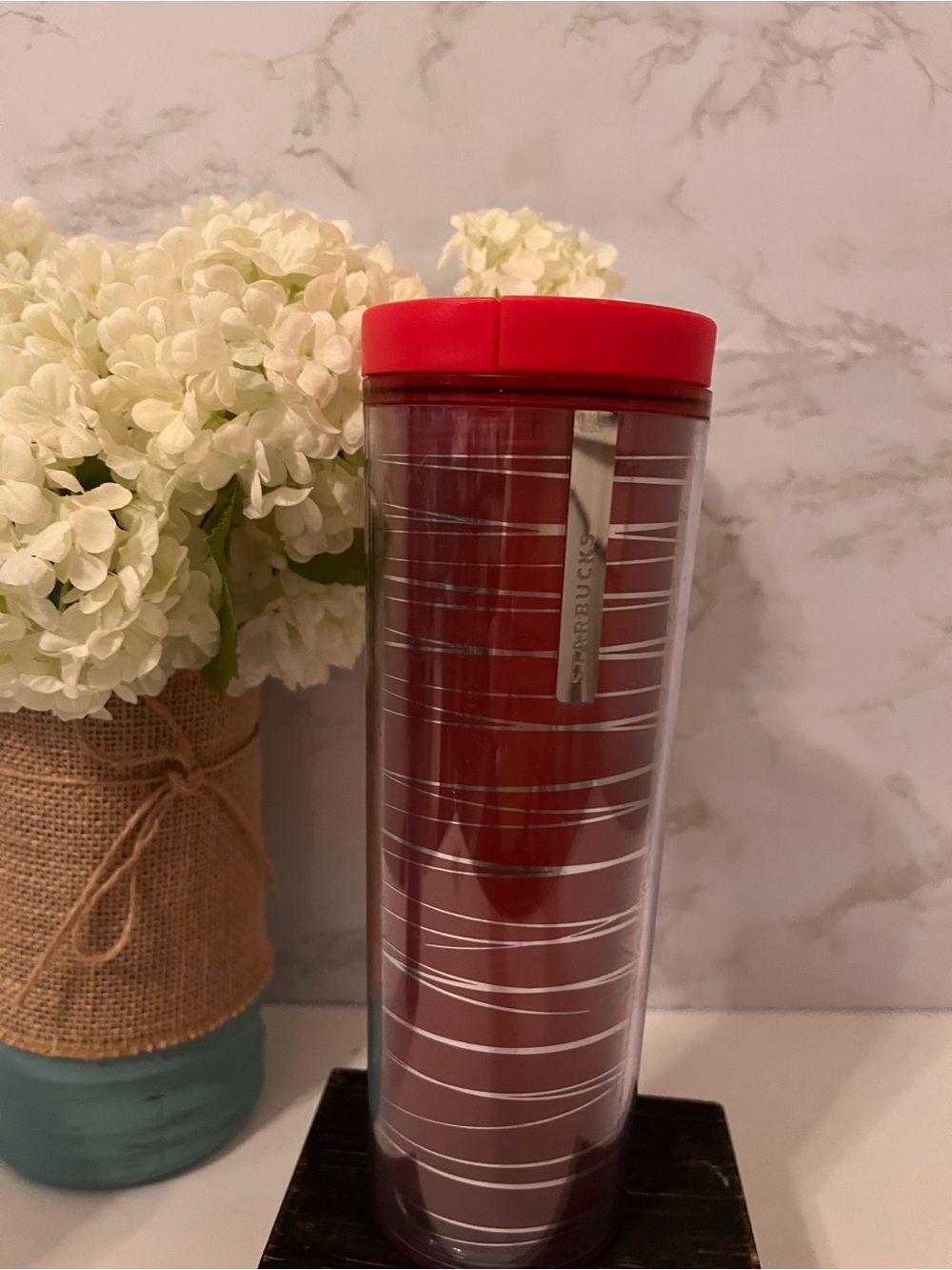 Starbucks 2013 TallRed Clear Silver Stripes 16oz. Travel Tumbler for Hot & Cold